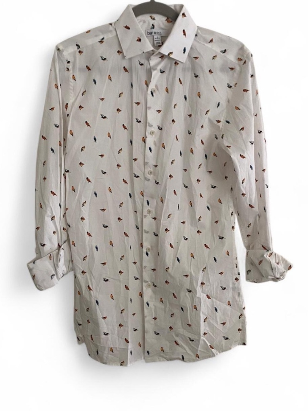BAR III SLIM FIT WHITE BIRD PRINT LONG SLEEVE BUTTON DOWN SHIRT SIZE SMALL